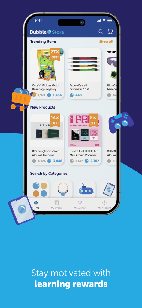 Geniebook: Online Learning App - Screenshot of the Geniebook app Bubble Store showing trending rewards like toys and stationery for students