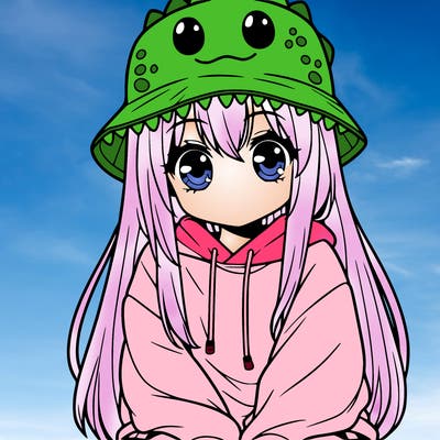 girl with anime shaped eyes with a dinosaur bucket hat oversized sweatshirt long straight hair