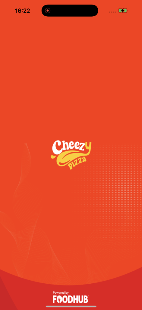 Cheezy Pizza - Cheezy Pizza app splash screen showing the logo on an orange background powered by Foodhub