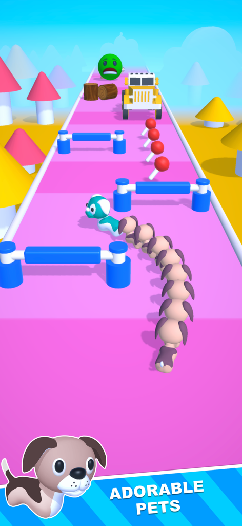 Pet Run 3D - Un simpatico personaggio cane che corre attraverso un percorso a ostacoli su una pista rosa in Pet Run 3D