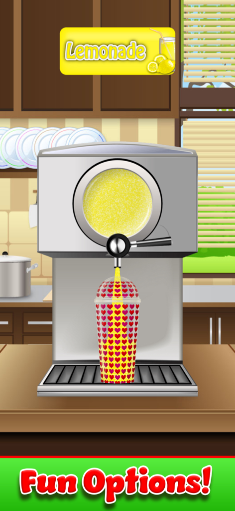 Uma máquina de slushy despejando limonada amarela em um copo com estampa de coração em um jogo de culinária infantil.