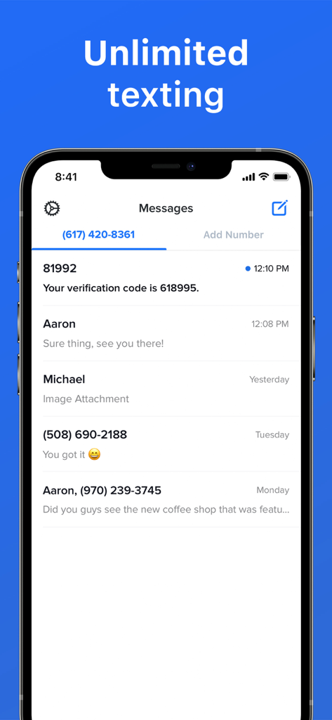 iPhone screenshot of the Second Texting Number app showing a messages list with a verification code and various text conversations