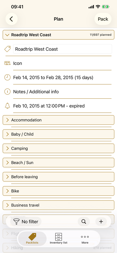 Pack The Bag Pro - Mobile app interface showing a road trip packing plan with categories like Camping and Baby Child