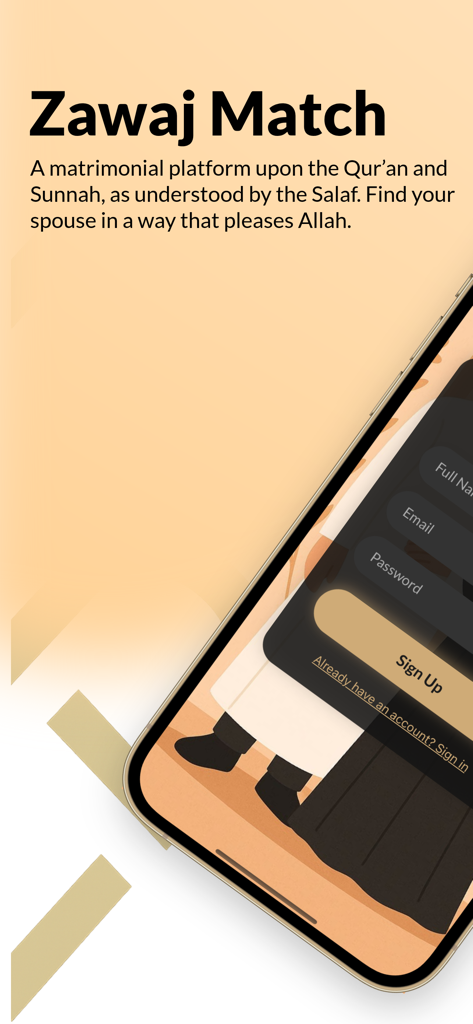 Zawaj Match — Sunnah Marriage - Zawaj Match signup screen for practicing Muslims seeking marriage according to the Sunnah