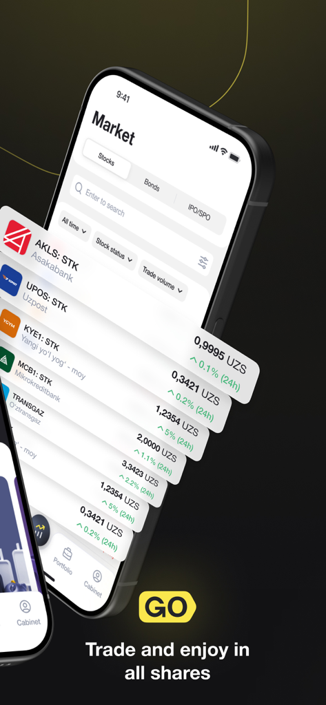 Écran de marché de l'application GoInvest montrant une liste d'actions ouzbèkes et leurs prix actuels.