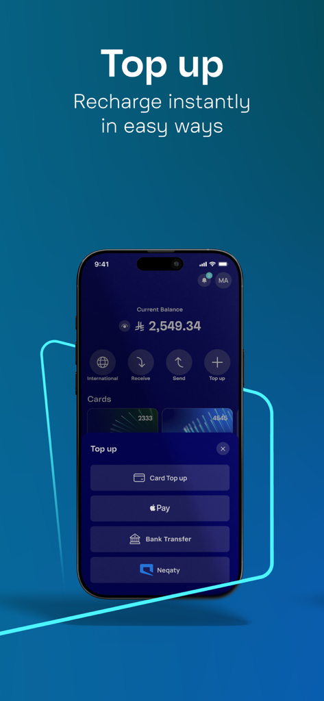 Mobily Pay mobile app interface showing top up options including card, Apple Pay, and bank transfer.