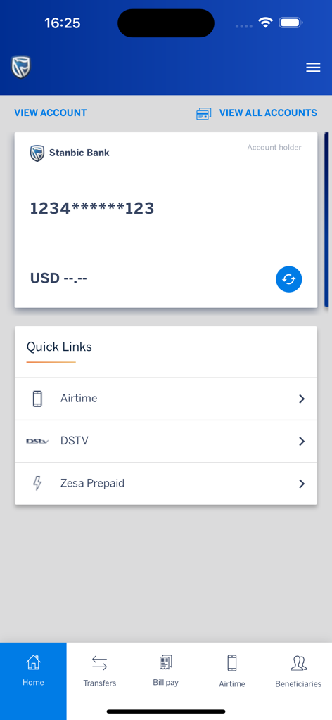 Stanbic Blue247 App - Tela inicial do aplicativo móvel Stanbic Blue247 mostrando um cartão de conta bancária e links rápidos para serviços de Recarga, DSTV e Zesa.