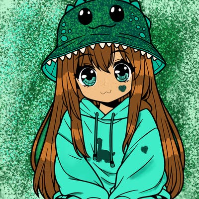 girl with anime shaped eyes with a dinosaur bucket hat oversized sweatshirt long straight hair
