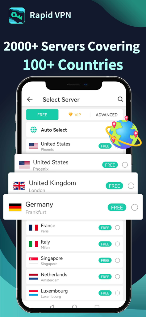 Rapid VPN app screen listing free global server locations in various countries