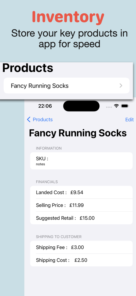 Gross Margin Calc app inventory view showing product financials and shipping costs for specific inventory items