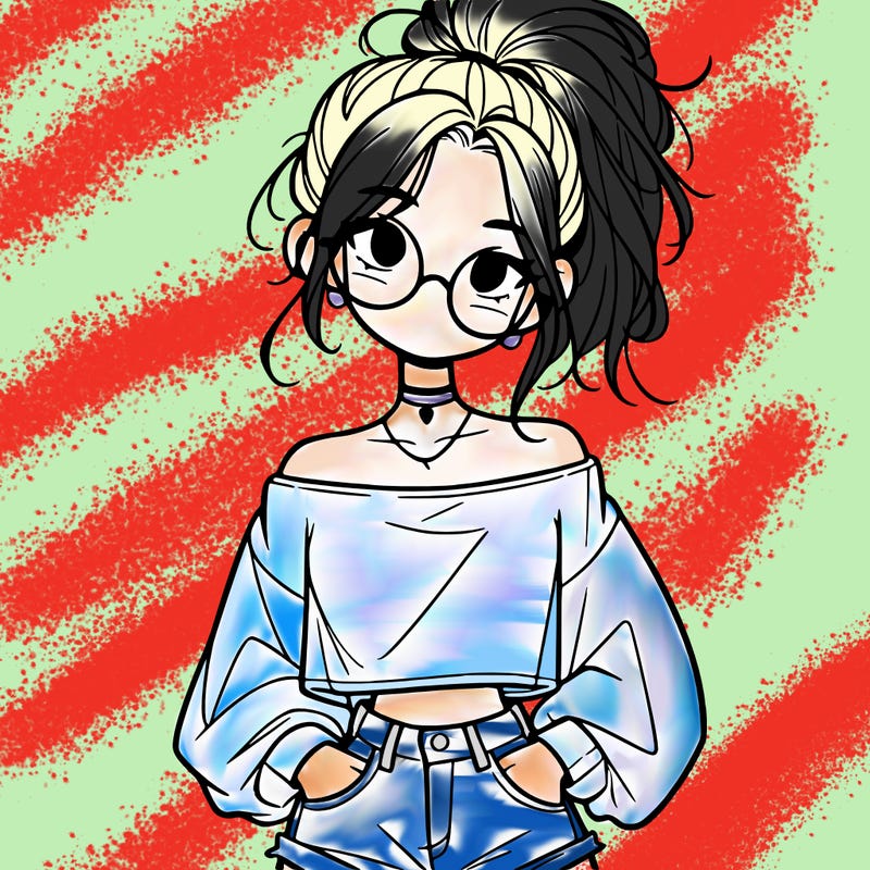 girl with a messy ponytail glasses a baggy crop top and jean shorts