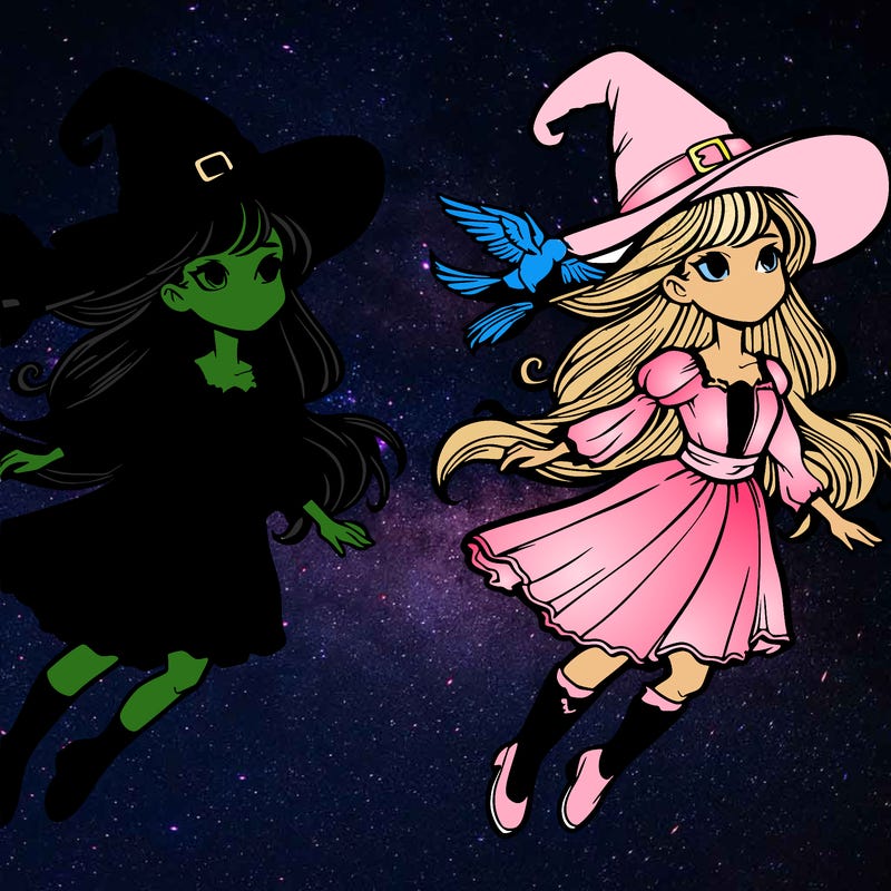 two witches flying with one green  one pink