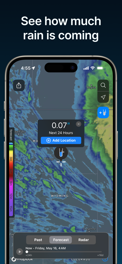 RainDrop - Virtual Rain Gauge - RainDropアプリの次の24時間の降水量レベルを示す降水量予測マップを表示するスマートフォン画面