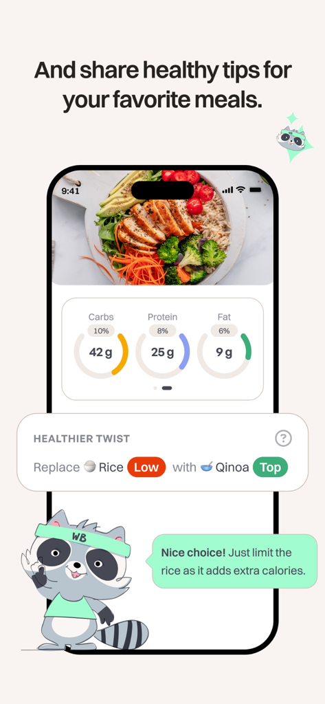 WeightBuddy: Calorie Tracker - Application WeightBuddy montrant la répartition des macronutriments et des conseils de nutrition saine pour un repas.