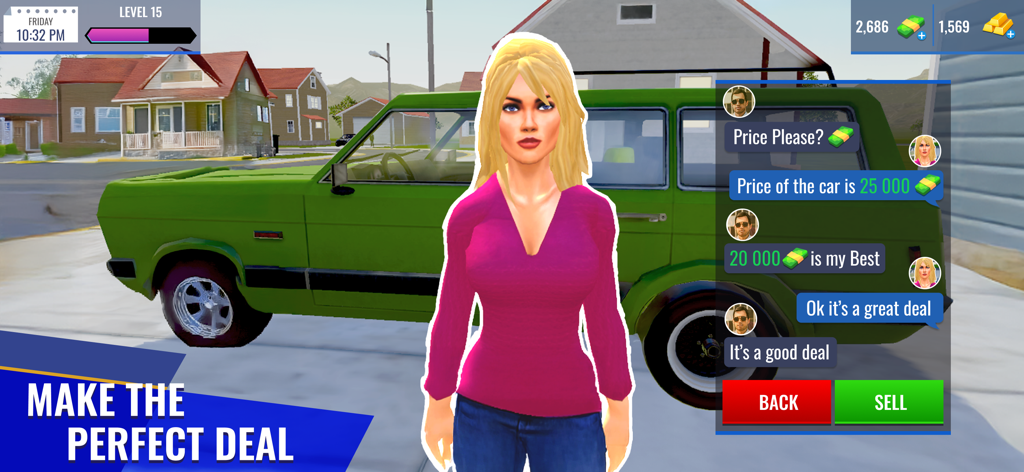 Car Sales Simulator 25 - Una mujer negociando el precio de un SUV verde en Car Sales Simulator 25