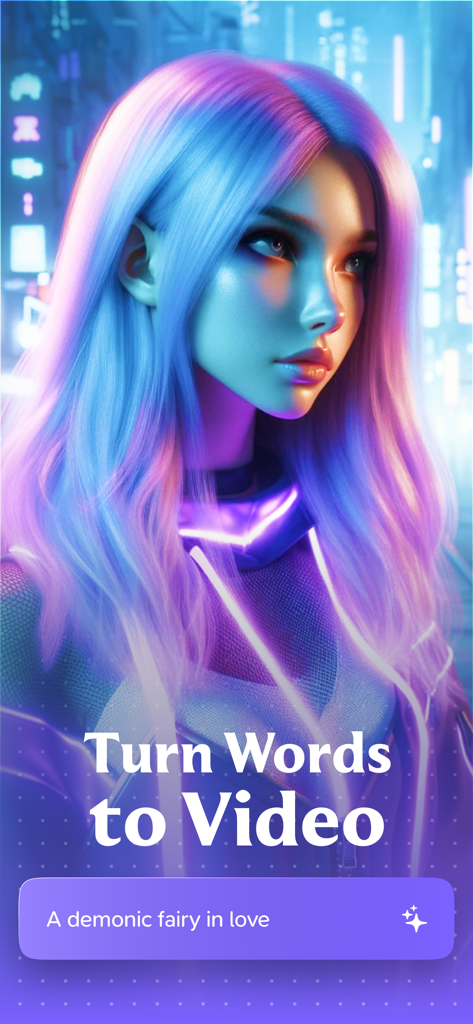 Haiper AI・Video, Photo Creator - AI-generated cinematic portrait of a woman with neon hair showing the text to video feature with a prompt box