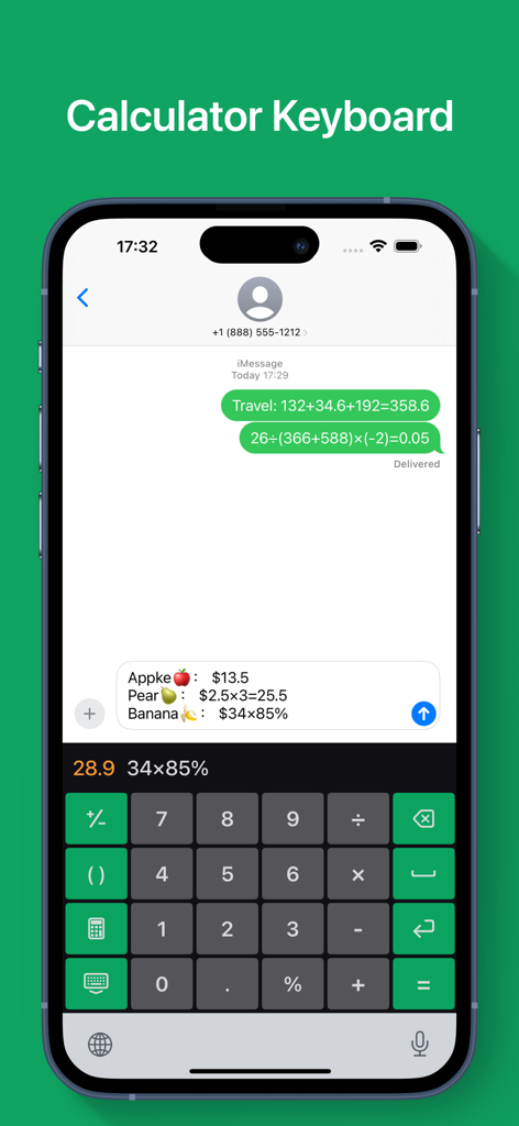Smart-Calculator Pro - Extensión de teclado personalizado de Smart-Calculator Pro utilizada para realizar y enviar cálculos dentro de un chat de iMessage.