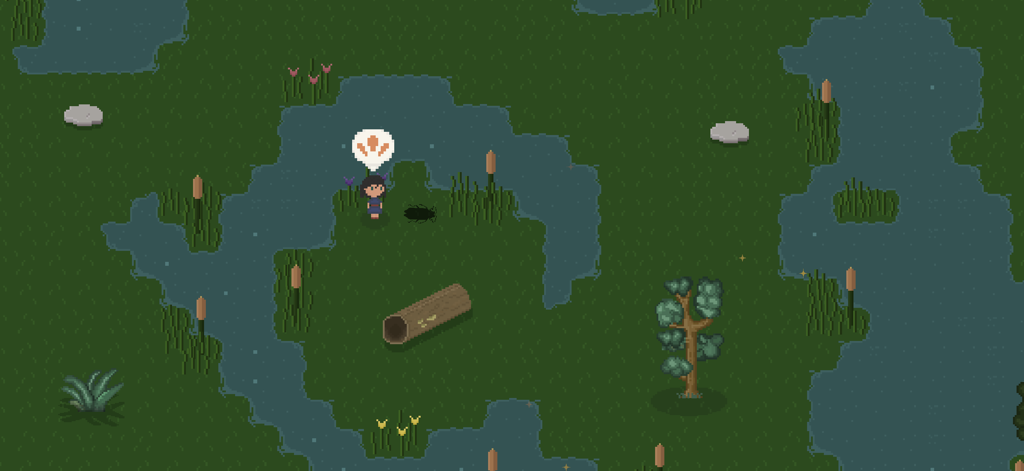 Personaggio pixel art che avvista un insetto vicino a uno stagno in Bug and Seek.