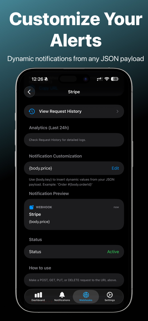 PushHook - Webhook Alerts App - Interface of the PushHook app showing how to customize alerts using dynamic JSON payloads for a Stripe webhook.
