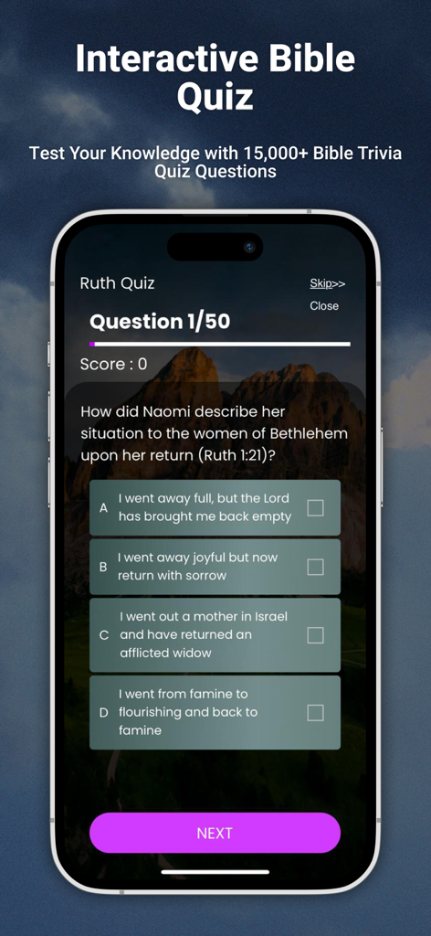 Gratitude - Christian Journal - Una interfaz móvil que muestra una pregunta interactiva del quiz bíblico sobre Noemí y Rut en la aplicación Gratitud Christian Journal.