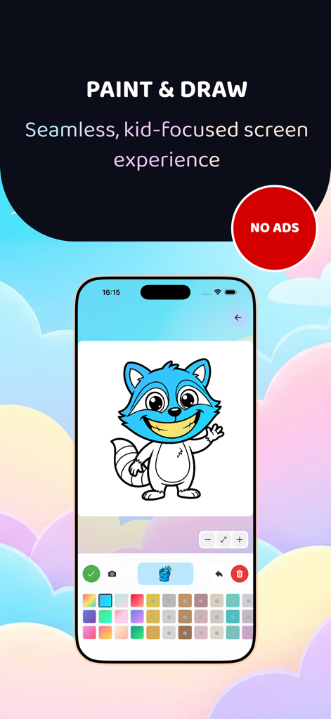 Colorbook: Kids Coloring Book - Interface of the Colorbook kids coloring app showing a cartoon raccoon and a no ads badge.