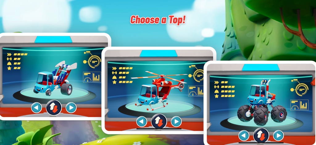Meet Mojo Swoptops - A menu screen showing different vehicle configurations for Mojo including a helicopter and a monster truck
