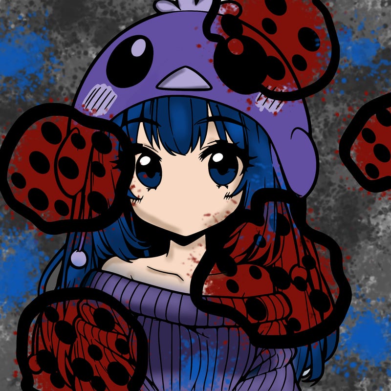 anime girl with chick shaped hat with sweater with bare shoulders with bangs covering them one eye with low tail