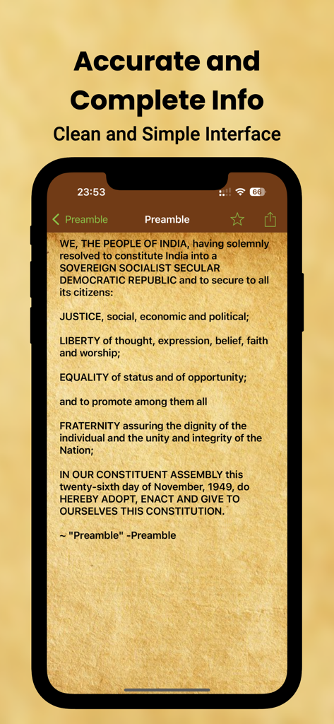 Captura de pantalla de la aplicación Constitución de la India en inglés mostrando el Preámbulo en una interfaz de usuario estilo pergamino.