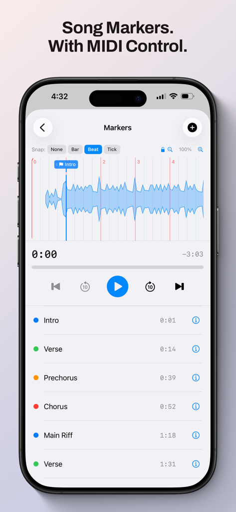 Song markers view in the Multitrack Audio Player app featuring a list of song sections and an audio waveform