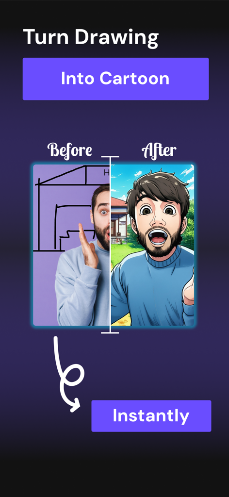Cartoon Yourself Toonify - A split screen showing a photo being instantly transformed into a colorful anime style cartoon character
