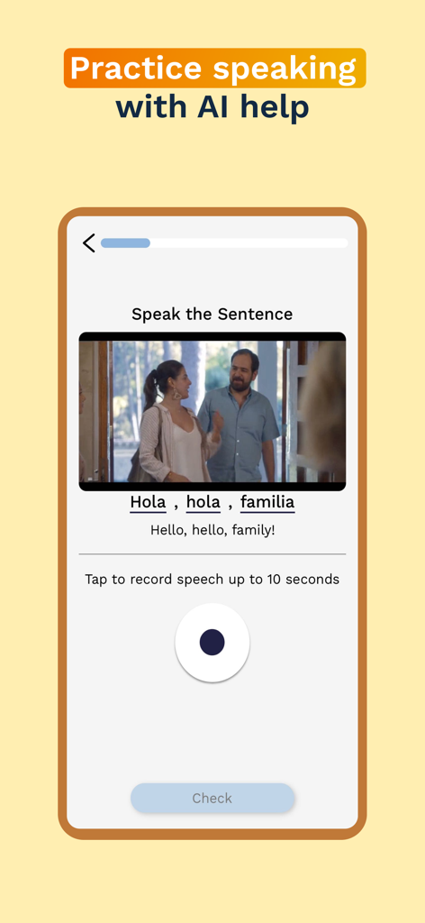 Umi - Language Learning - Interfaz de la aplicación Umi para aprender idiomas mostrando un ejercicio de práctica de expresión oral con ayuda de IA y clips de video