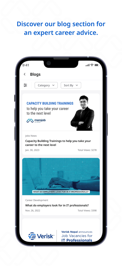 Merojob.com - Merojob app blog section with career advice and IT professional training articles