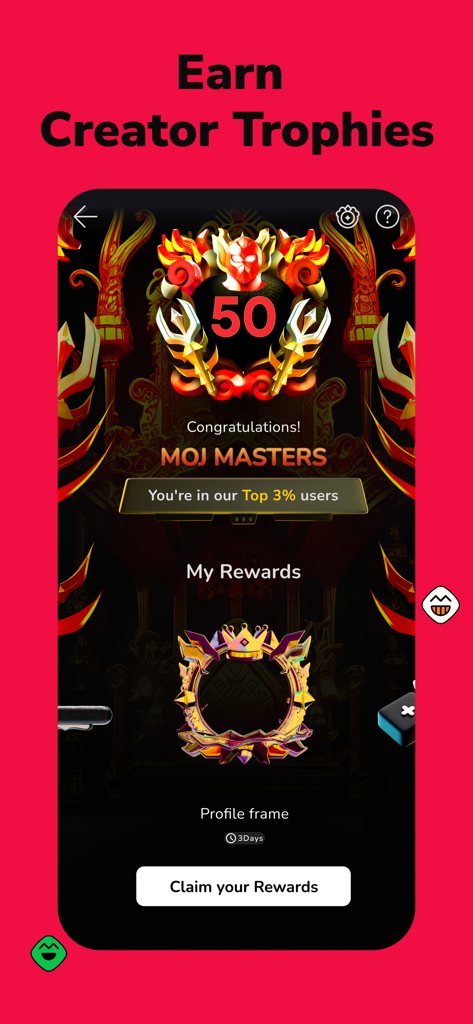 Moj: Video Live & Short Videos - Mojアプリのインターフェイス、クリエイターのトロフィーとトップユーザーへの報酬が表示されている。