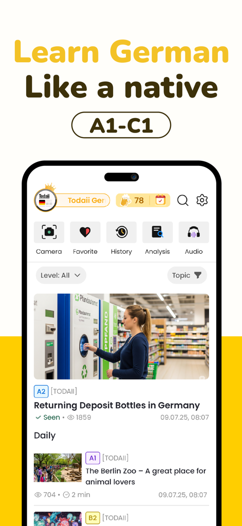 Todaii: Learn German A1-C1 - Todaii German app interface showing a feed of news articles for language levels A1 to C1