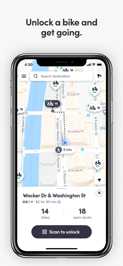 Divvy Bikes - Divvy Bikes app interface showing a real-time map of bike stations and docking availability in Chicago