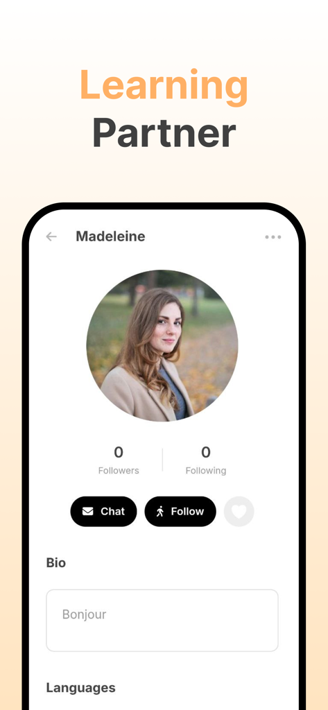 TalkClub mobile app user profile page for a language learning partner named Madeleine.