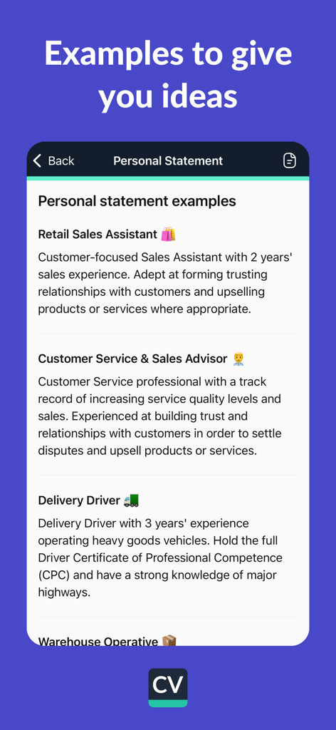 Personal statement examples for retail, customer service, and delivery driver jobs in the CV Engineer app.