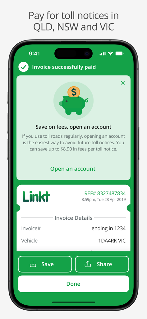 Linkt - Screenshot of the Linkt app showing a successfully paid toll invoice with options to save or share the receipt