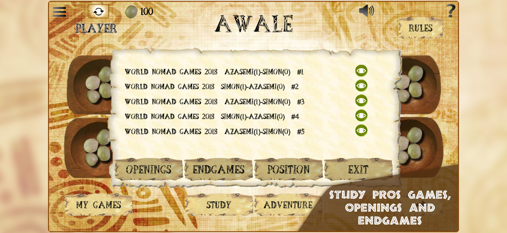 Awale Online study mode showing professional game records for analyzing openings and endgames