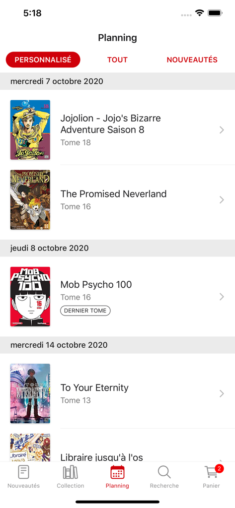 Interfaz de la aplicación Mangacollec que muestra un calendario de lanzamientos de manga personalizado organizado por fecha con portadas