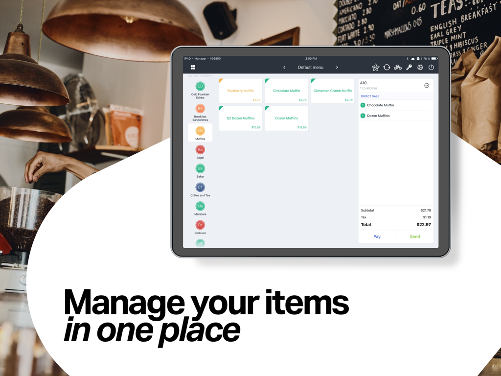 Interfaz de SumUp POS en iPad mostrando elementos del menú y un resumen de pedidos en un entorno de cafetería.