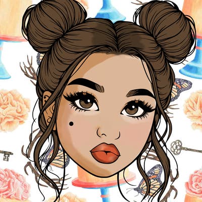 realistic girl with two buns on her hair and lips