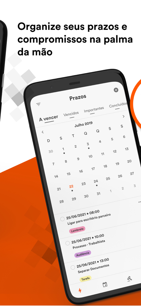 Advise Hub mobile app screen displaying a calendar and a list of upcoming legal deadlines and appointments.