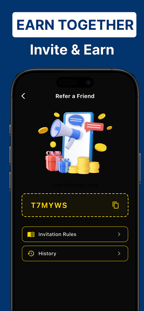 Veltrix: BTC Cloud Miner - Tela do programa de indicação do aplicativo Veltrix mostrando um código de convite e promoção de ganhe junto