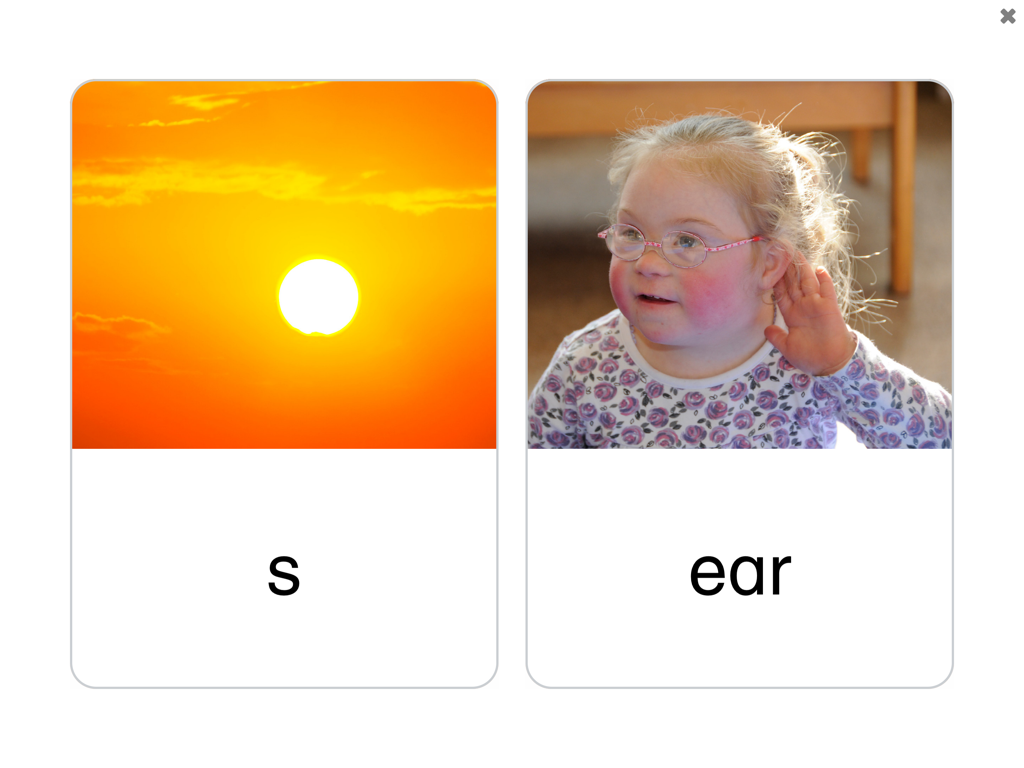 See and Learn Speech Sounds - Two visual prompt cards showing a sun for the letter s and a girl listening for the word ear.