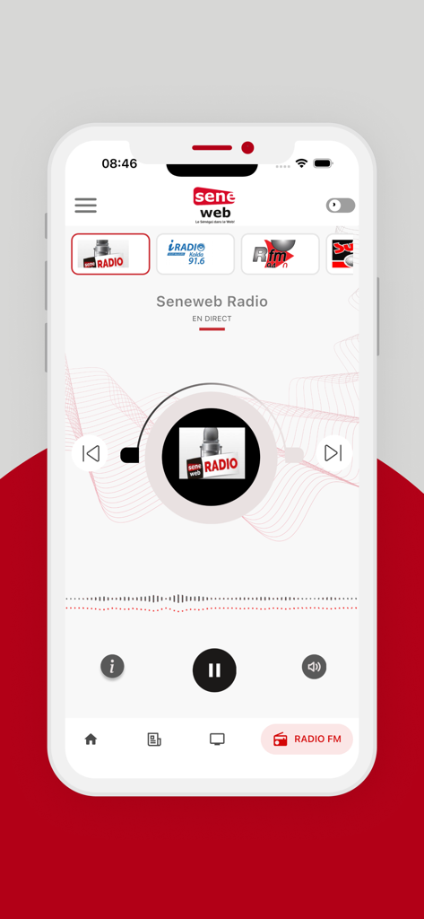 Seneweb app live radio player interface with Seneweb Radio station selected