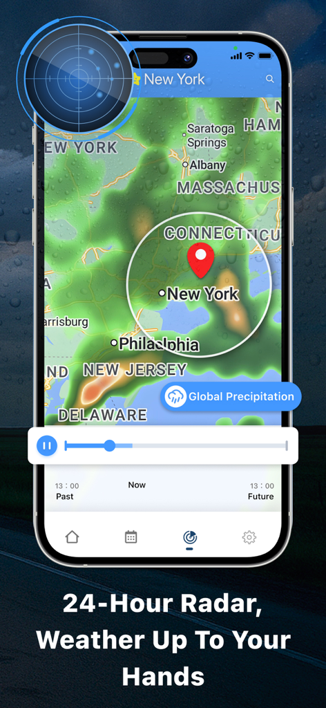 Live Weather - Widget, Radar - Interfaz de aplicación móvil que muestra un mapa de radar Doppler de 24 horas para Nueva York con seguimiento de precipitación
