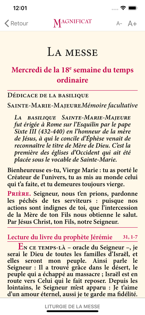 Captura de pantalla de la aplicación Magnificat Edición francesa que muestra las lecturas diarias de la misa y oraciones litúrgicas
