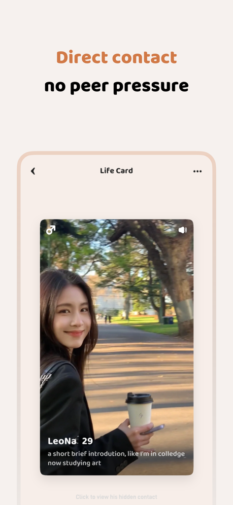 Eine Benutzeroberfläche eines Benutzerprofils in der Intwo-App namens Life Card, die ein Foto einer Frau und den Text 'direct contact no peer pressure' zeigt.