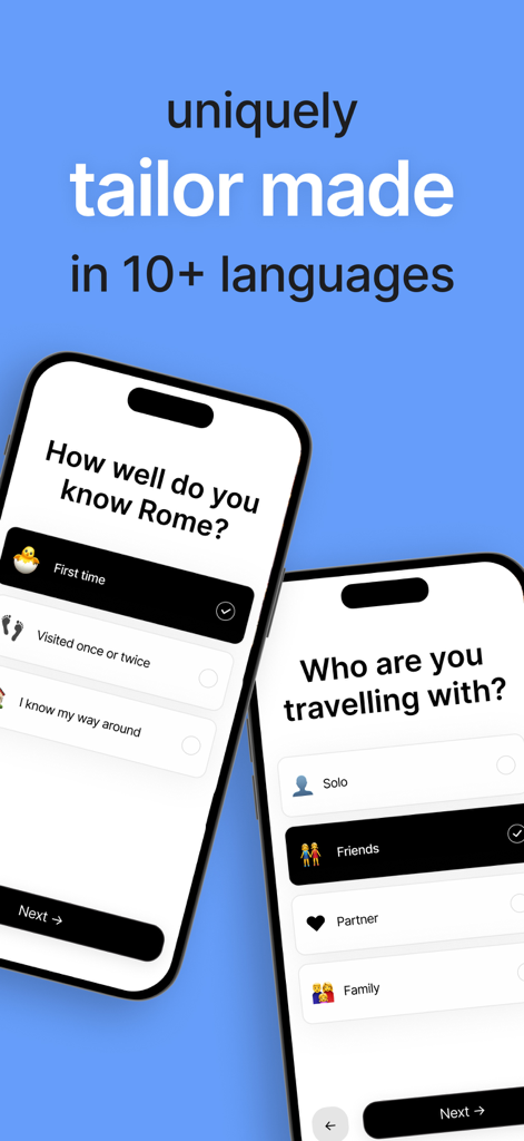 Schermate di onboarding dell'app Cicero che mostrano opzioni per personalizzare il viaggio in base alla conoscenza della città e ai compagni di viaggio.